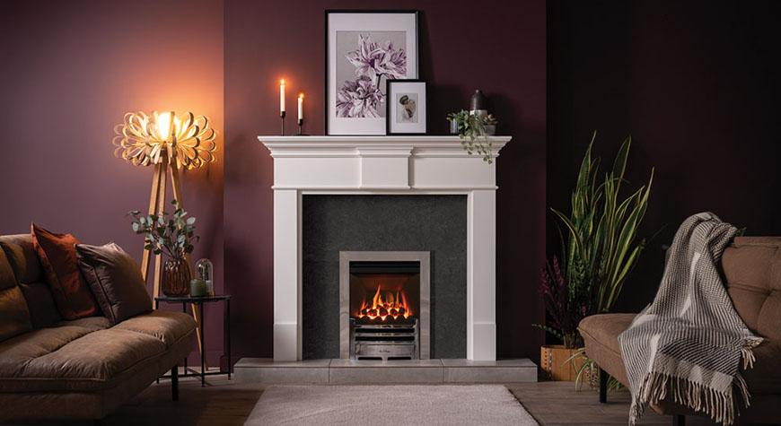 Logic HE conventional flue fire with coal-effect and Polished Chrome-effect Arts front. Shown with white Pembroke wooden mantel.