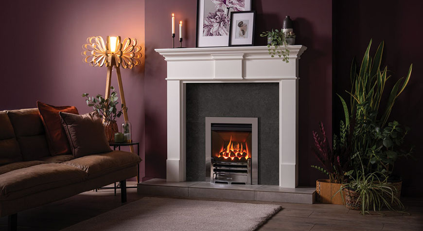 Logic HE conventional flue fire with coal-effect and Polished Chrome-effect Arts front. Shown with white Pembroke wooden mantel.