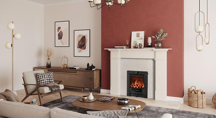 Gazco Logic™ HE gas fire with Coal-effect fuel bed, shown with Winchester complete front in Matt Black with Slide Control. Also shown: Claremont Stone mantel from Stovax.