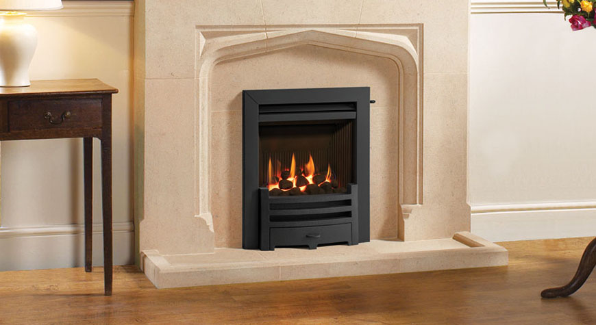 Logic HE balanced flue fire with coal-effect and Matt Black Arts front.