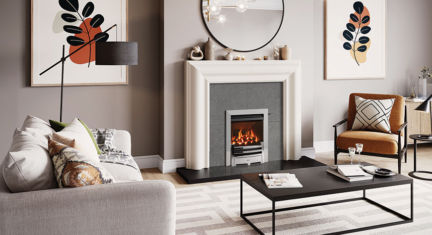Logic HE conventional flue fire (Slide control) with coal-effect and Polished Chrome-effect Arts front. Shown with Grafton Limestone mantel.