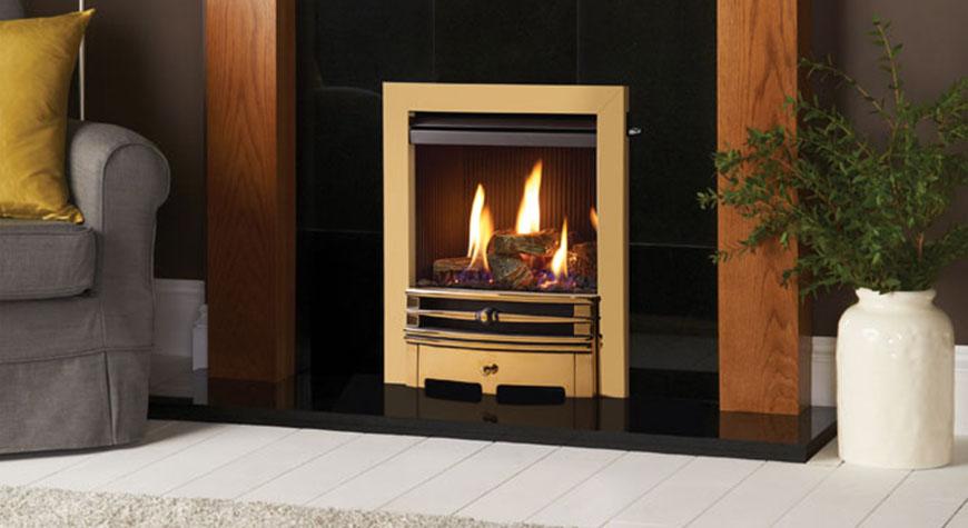 Stovax Brompton Mantel in Rich Oak with Gazco Logic HE log-effect conventional flue gas fire and Chartwell front in brass-effect