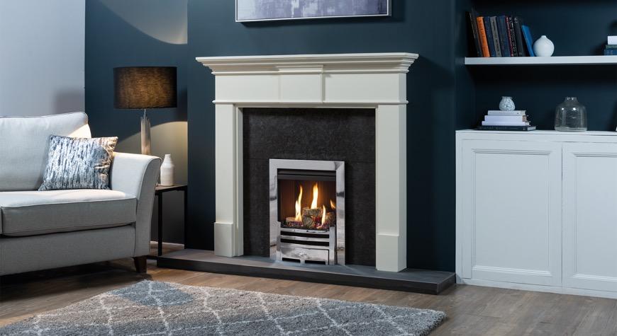 Gazco Logic HE gas fire with log-effect fuel bed. Shown with Arts front.