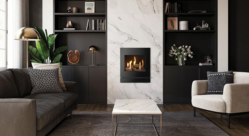 Logic HE conventional flue fire with log-effect and Designio2 Glass front.