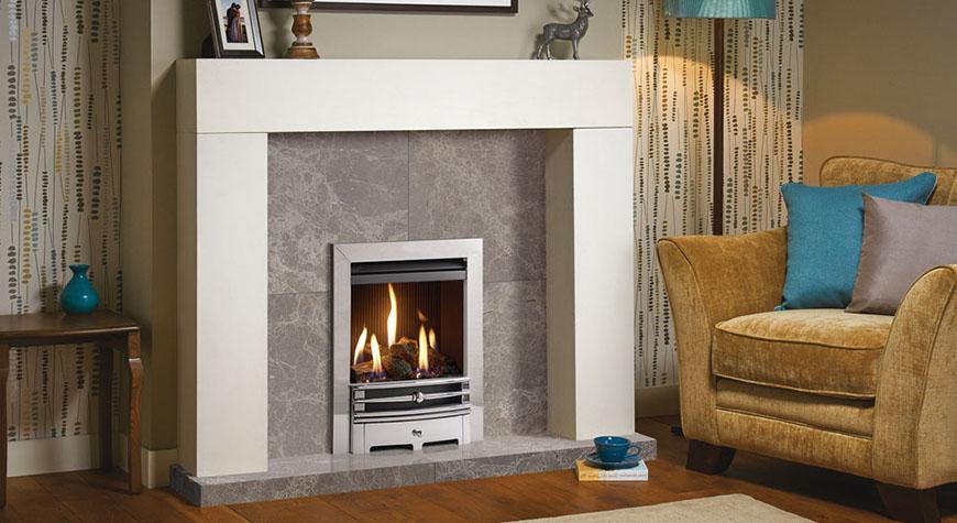 Stovax Malmo Mantel in White and Logic HE log-effect conventional flue with Chartwell front in polished chrome-effect