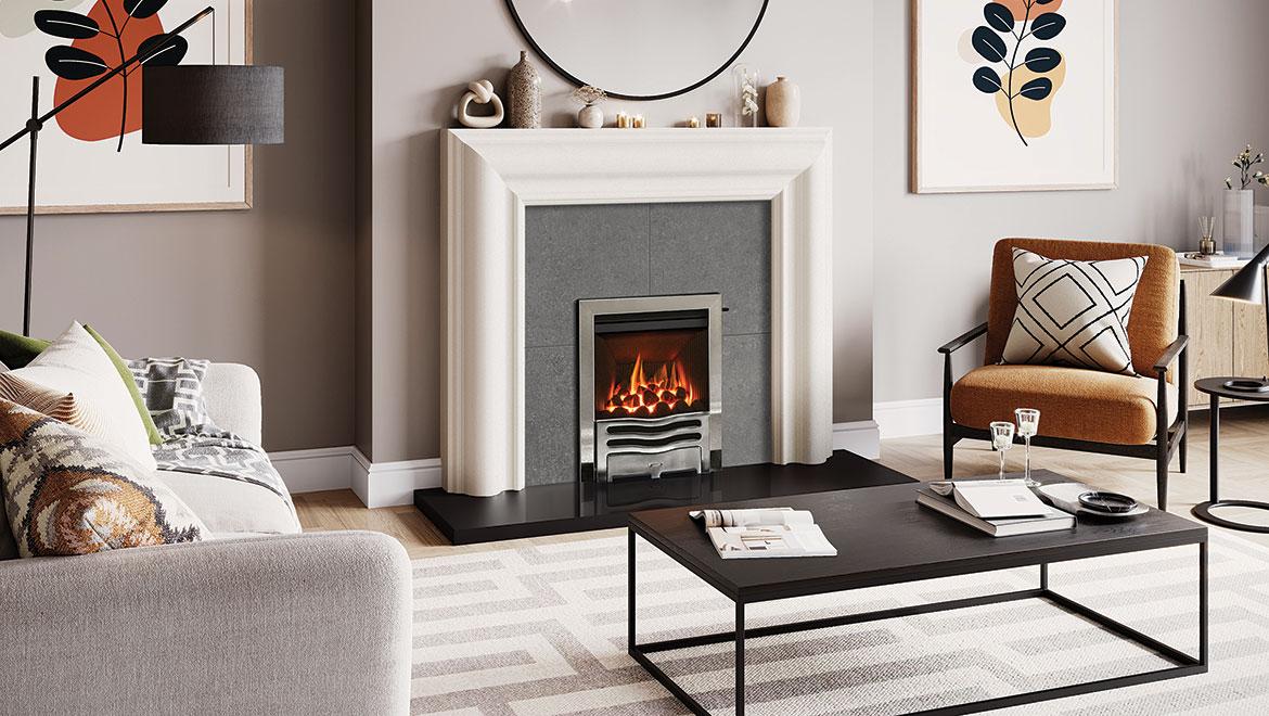 Gazco Logic HE gas fire with Wave front in Polished Chrome effect finish and Box Profil2 frame. Installed within a Grafton Limestone mantel. Gas Fires
