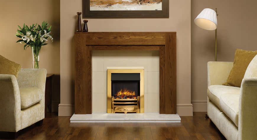 Gazco Logic2 Electric Arts with polished brass effect front and frame