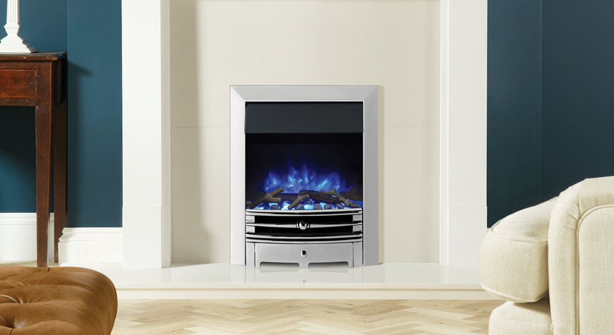 Gazco Logic2 Electric Chartwell with polished effect front and polished steel effect frame and log-effect fuel bed on blue flame setting