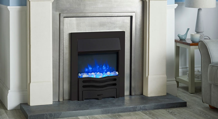 Gazco Logic2 Electric Wave with matt black frame and front with clear and white stone effect, in blue