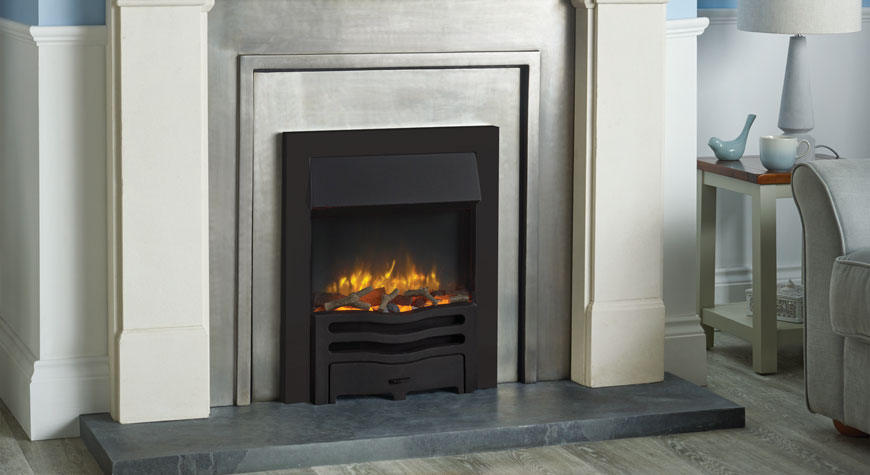 Gazco Logic2 Electric Wave with matt black frame and front with log fuel effect