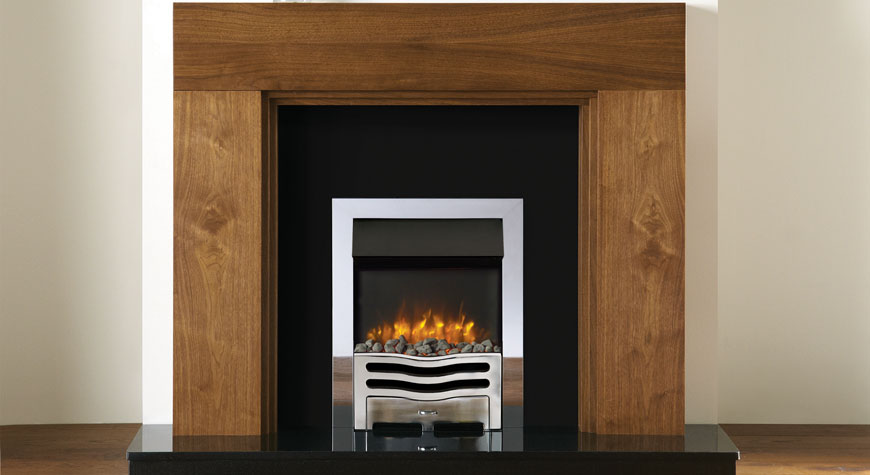Gazco Logic2 Electric Wave with polished steel effect frame and front with grey pebble fuel effect
