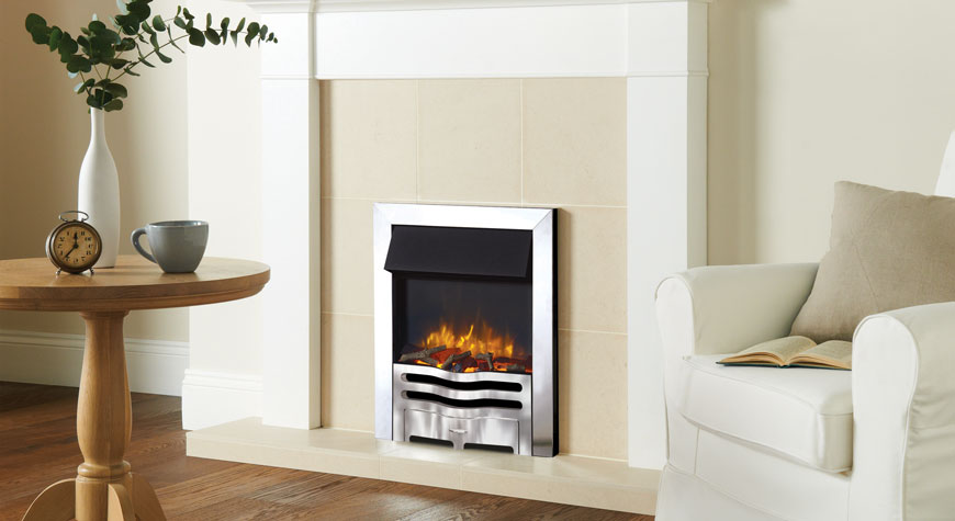 Gazco Logic2 Electric Wave with polished steel effect frame and front with log effect. Shown with Brompton Wooden Mantle from Stovax.