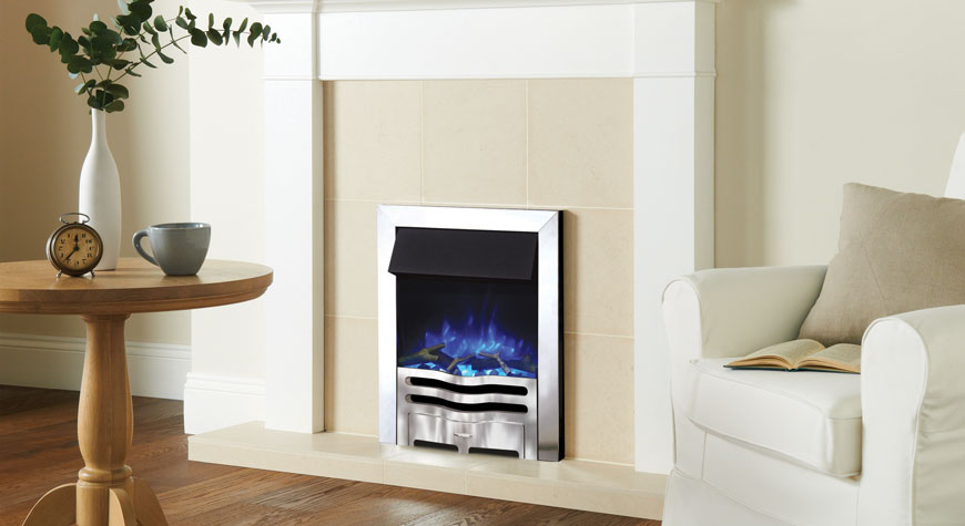 Gazco Logic2 Electric Wave with polished steel effect frame and front with log fuel effect and blue flame