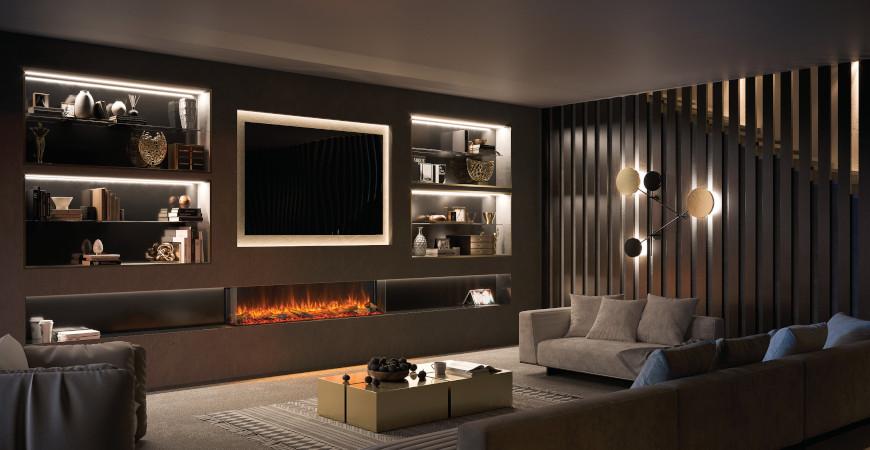 A modern room with a media wall, everything is lit by mood lighting and a modern fireplace
