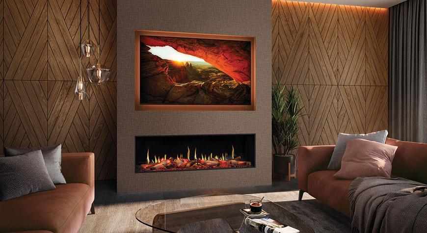 Onyx Fusion 150RW electric fire, within a media wall installation. Shown with optional Mood Lighting System installed.