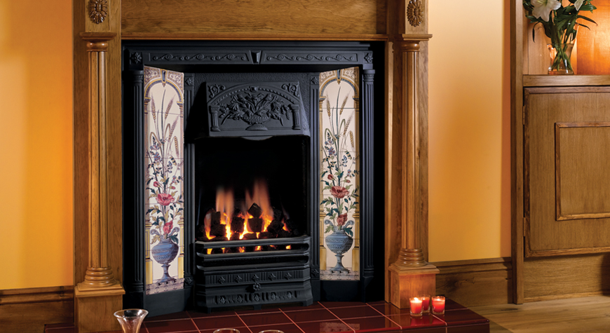 Stovax Poppy & Wheatsheaf Tiled Front with 2 x Poppy & Wheatsheaf 5-tile set. Also shown: Regency lacquered antique pine mantell with Burgundy hearth field tiles.