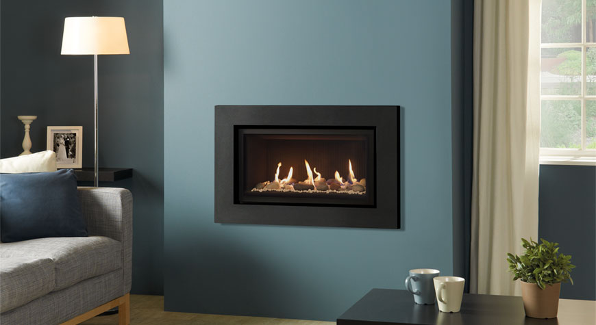 Gazco Studio 1 Expression Balanced Flue in Graphite, Glass Fronted with Pebble & Stone fuel bed and Black Reeded lining