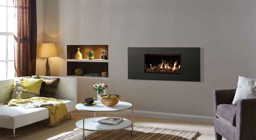 Gazco Studio 1 Steel Balanced Flue Glass Fronted in Graphite with Log-effect fuel bed and Black Glass lining