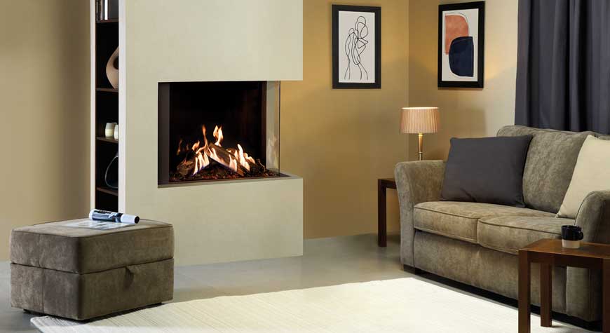 Gazco Reflex 75T-2 right facing gas fire with Echoflame Black Glass lining