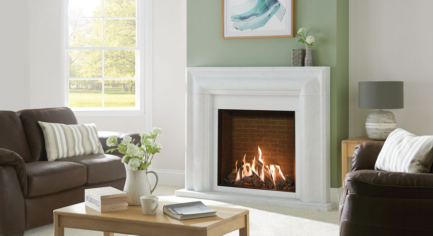 Gazco Reflex 75T Edge with Brick effect lining, Grafton Antique white marble mantel with matching slip set and optional small antique white marble hearth