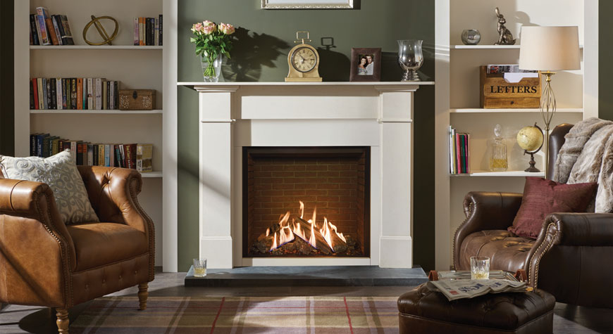 Gazco's Reflex 75T Edge with brick effect lining and Claremont Mantel