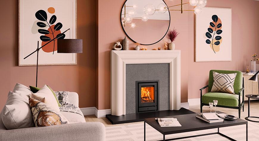 Stovax Riva2 40 inset wood burning fire in a living room with spring decor