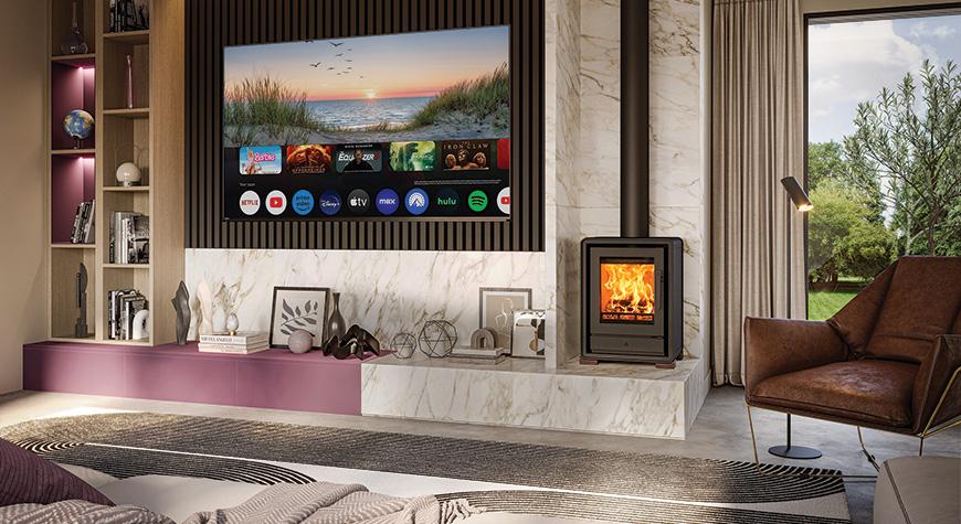 Stovax Riva2 40 Freestanding Ecodesign fire with removeable handle in situ, and Walnut-effect Hardwood feet