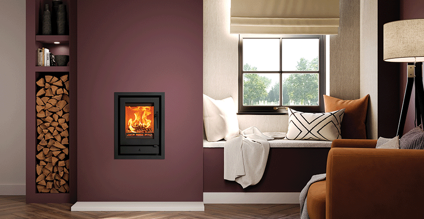 Stovax Riva2 40 woodburning fire. Plum living room ideas.