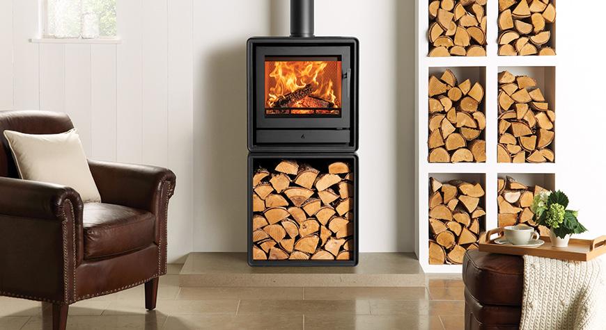 Stovax Riva2 50 Freestanding Ecodesign fire with removeable handle in situ, and optional Log Box