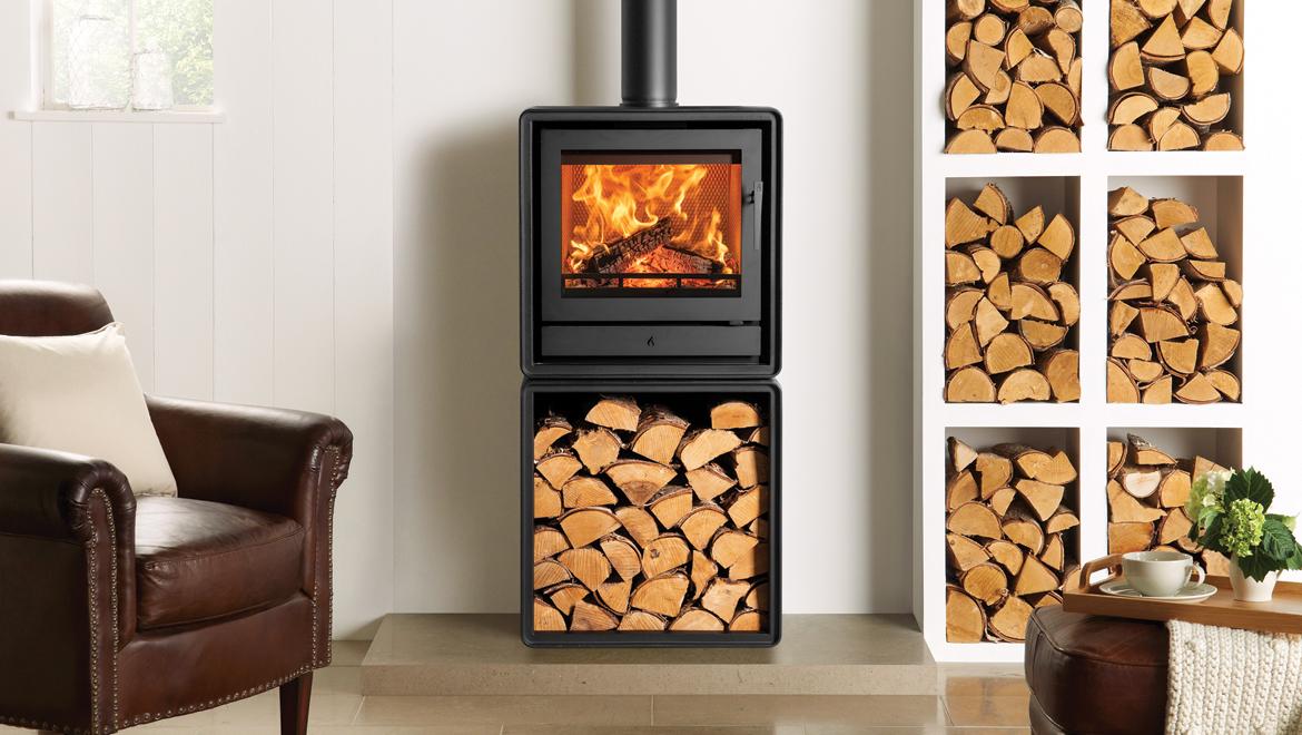 Stovax Riva2 50 Freestanding on Log Box. Ways to elevate your wood burner Ways to Elevate Your Wood Stove – Literally!