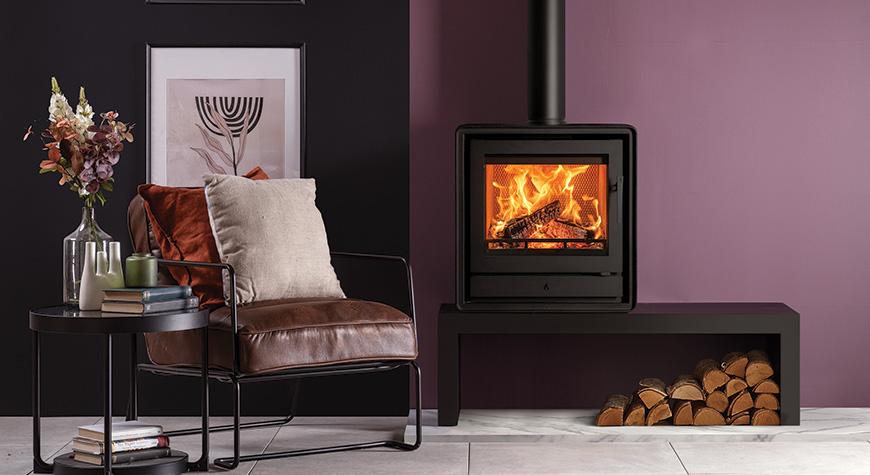 Stovax Riva2 50 Freestanding Ecodesign fire, with removeable handle in situ, shown on 120 High Bench