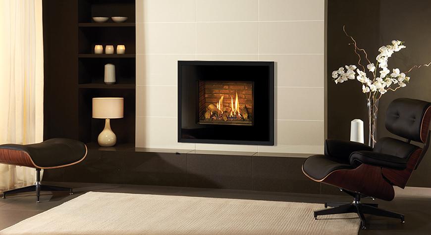 Gazco Riva2 500 Evoke Glass with Black Glass front and Graphite rear with Brick Effect lining 