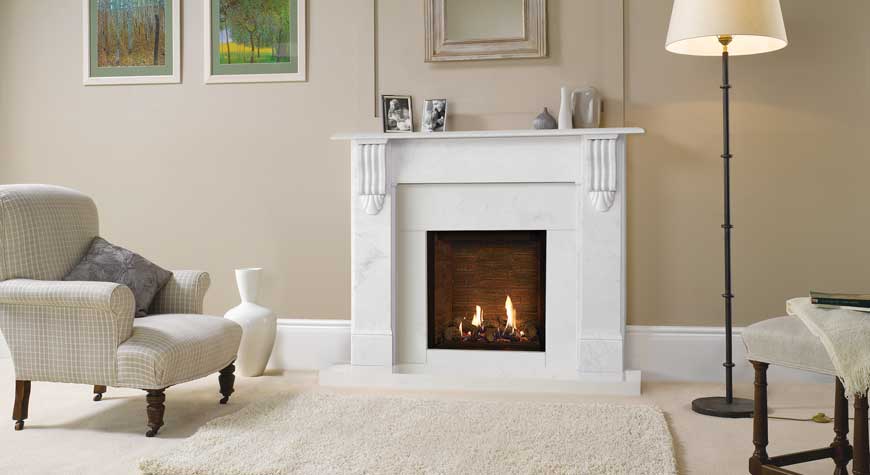 Gazco Riva2 600HL gas fire with brick effect lining. Shown with Stovax Victorian Corbel mantel. 