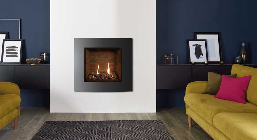 Gazco Riva2 600HL Verve XS gas fire with Echoflame Black Glass Lining.