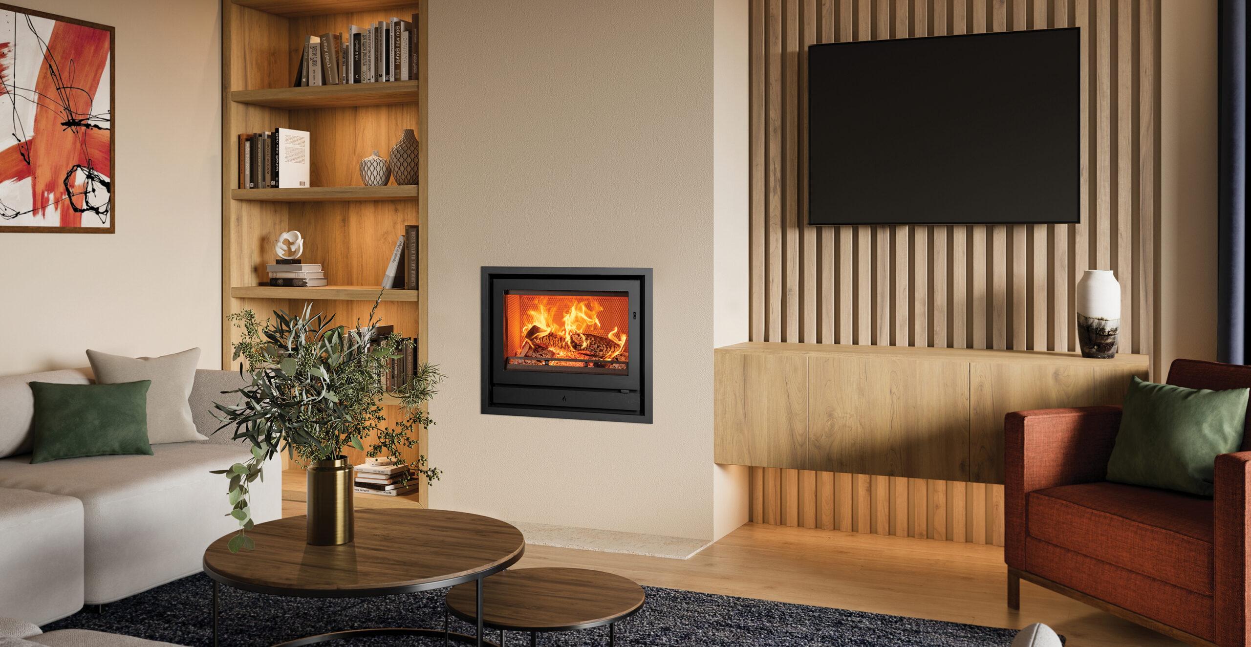 Stovax Riva2 66 woodburner. Modern fireplace with slat wood accent wall.