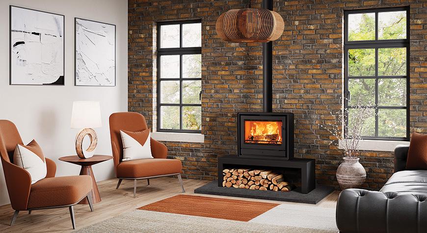 Riva2 66 Freestanding Ecodesign fire with removeable handle in situ, shown on 120 High Bench
