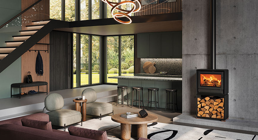 Stovax Riva2 66 Freestanding Ecodesign fire with optional Log Box and Walnut-effect Hardwood Feet