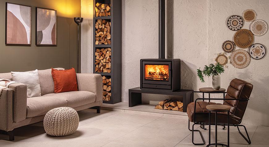 Riva2 66 Freestanding Ecodesign fire with removeable handle in situ, shown on 120 High Bench