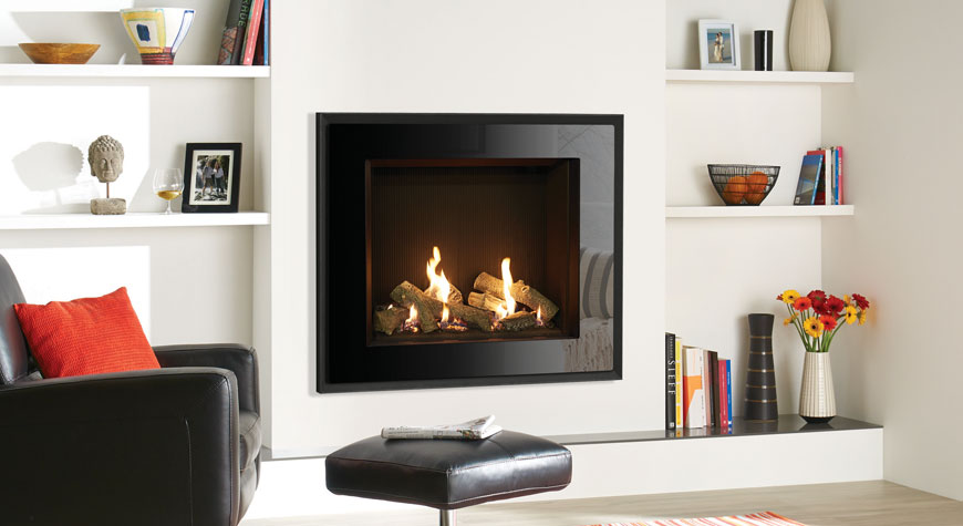 Gazco Riva2 750HL Evoke Glass front and Graphite rear with Black Reeded Lining
