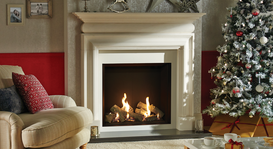 Gazco Riva2 750HL Edge gas fire with Black Reeded Lining. Shown with Cavendish Bolection stone mantel. 