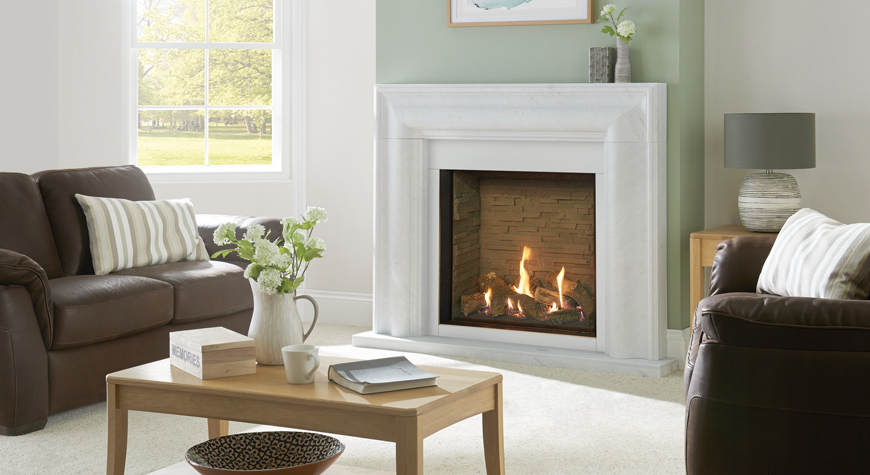 Gazco Riva2 750HL Edge gas fire with Ledgestone Effect Lining. Shown with Grafton Antique White Marble mantel