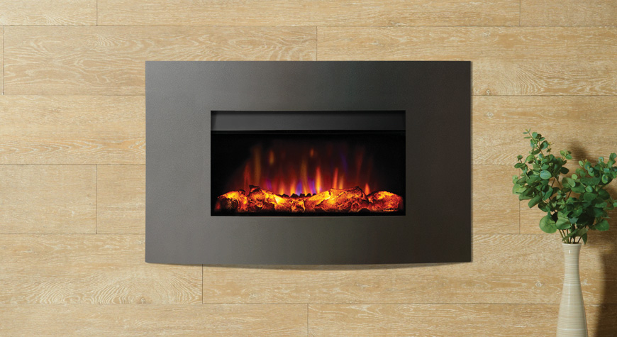 Gazco Riva2 670 Electric Verve XS fire in Graphite. Also shown: Rovere Wood effect fireplace tile surround.