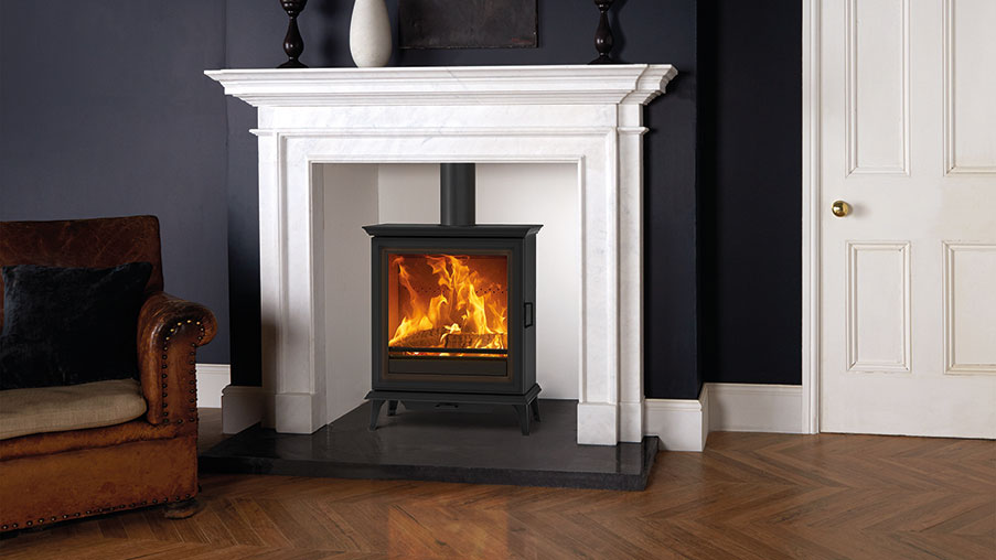 Stovax Sheraton 5 Wide multi-fuel stove with Sandringham Antique White Marble mantel.
