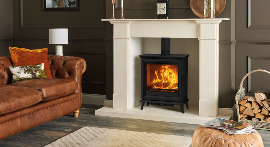 Stovax Sheraton 5 Wide multi-fuel stove. Shown with Claremont Mantel.