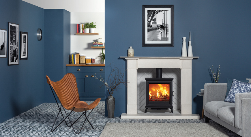 Stovax Sheraton 5 Wide multi-fuel stove. Shown with Claremont Mantle. 