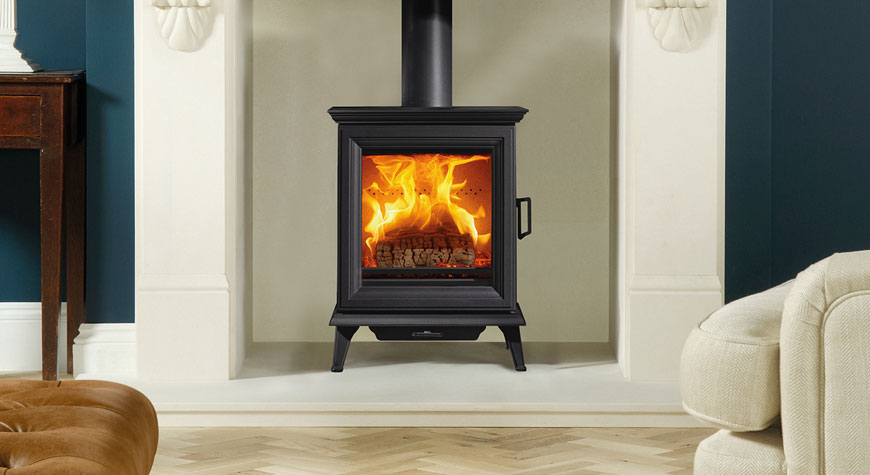 Stovax Sheraton wood burning and multi-fuel stove. Shown with Victorian Corbel Mantel