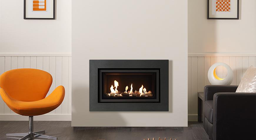 Gazco Studio 1 Expression Balanced Flue in Graphite, Glass Fronted with Pebble and Stone fuel bed and Black Reeded Lining
