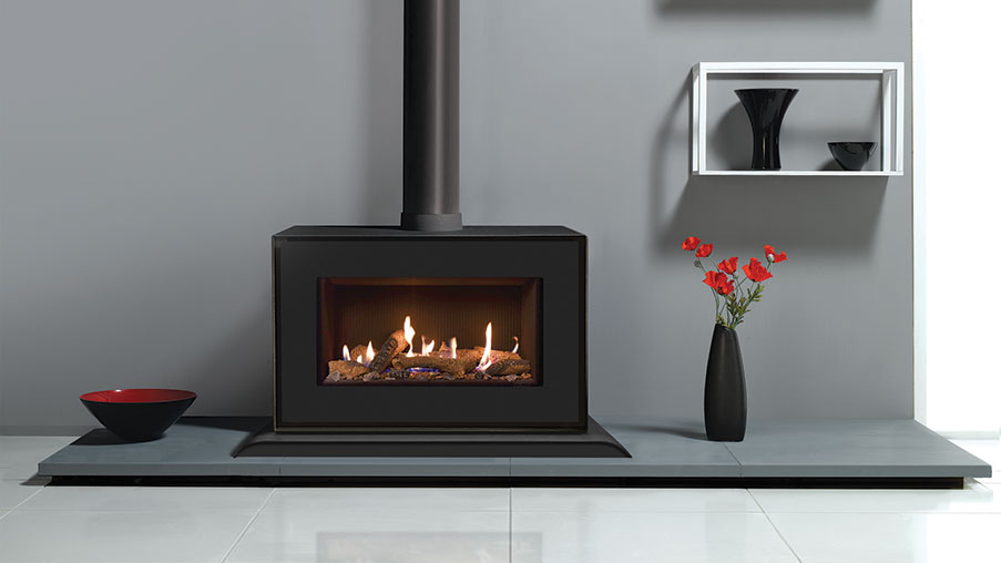 Gazco Studio 1 Freestanding Gas Fire with Black front and matching plinth, Log Effect Fuel Bed and Black Reeded Lining