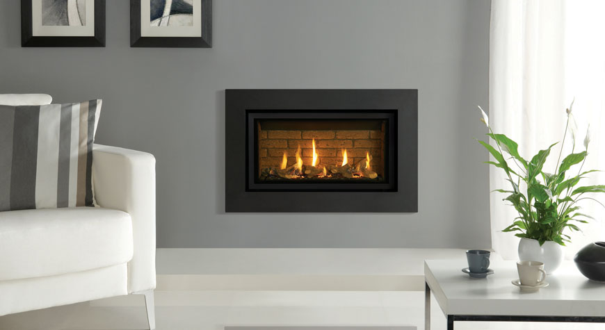 Gazco Studio 1 Slimline Expression Steel gas fire in Graphite, Glass fronted with Log-effect fuel bed and Brick-effect lining