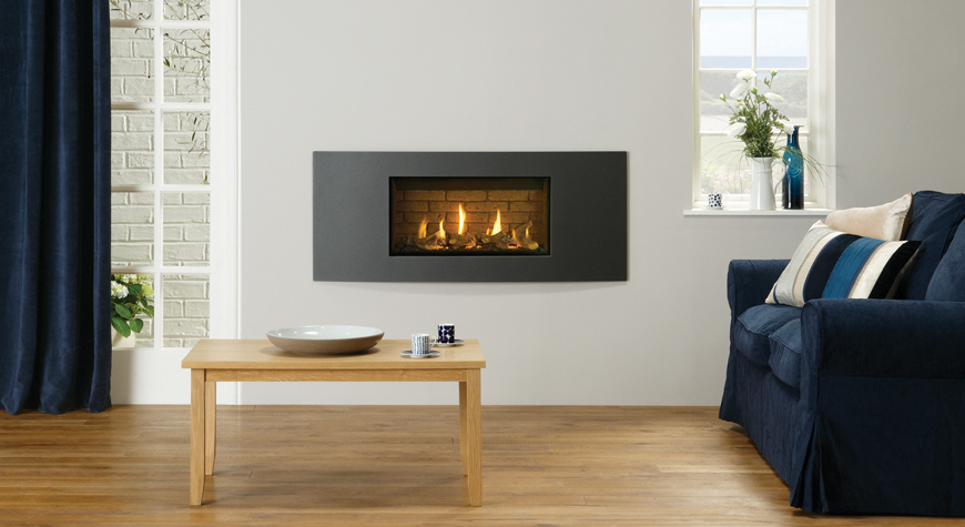 Gazco Studio 1 Slimline Verve gas fire in Graphite, Glass Fronted  with Log-effect fuel bed and Brick-effect Lining